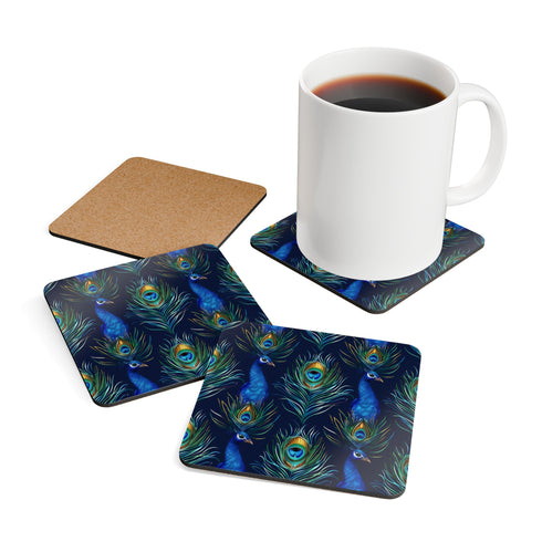 Vibrant blue peacock feather pattern square coaster set for kitchen decor