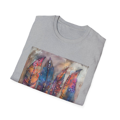 Charcoal Bohemian feather graphic t-shirt in soft cotton for summer adventures