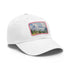Swiss Alps watercolor baseball cap in white with light brown patch.