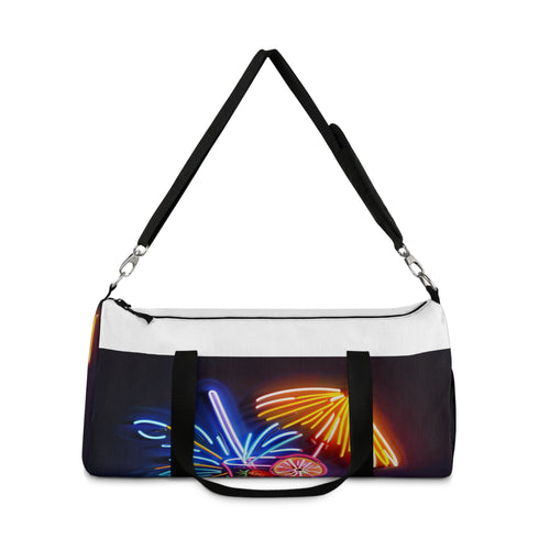 Neon cocktail duffel bag with vibrant tropical cocktail design from USA.