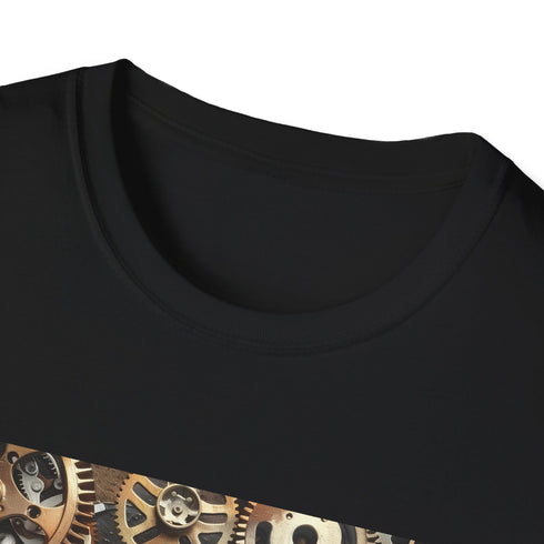 Steampunk Navy T-shirt with Intricate Gears and Cogs Design.