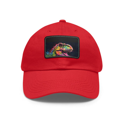 Bright neon watercolor dinosaur print baseball hat, unisex cotton accessory.