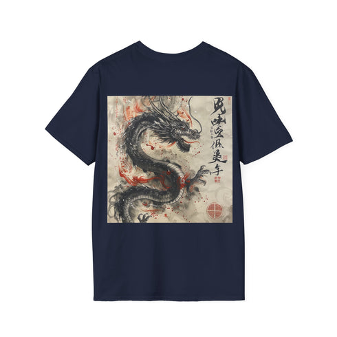 Japanese dragon art tee in charcoal, inspired by mythology and culture.