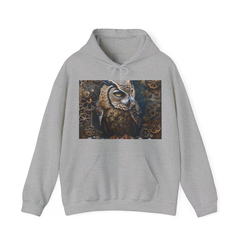 Steampunk owl hoodie in navy, regular fit, DTG print.