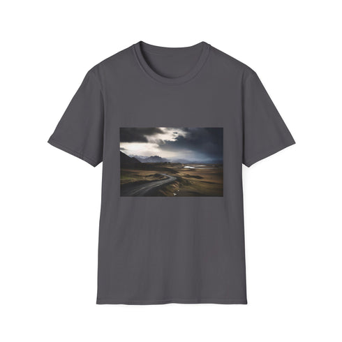 Charcoal cotton t-shirt with vibrant Icelandic landscape print evoking summer adventures