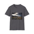 Charcoal cotton t-shirt with vibrant Icelandic landscape print evoking summer adventures