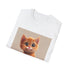 Adorable cartoon cat design on charcoal crew neck t-shirt.