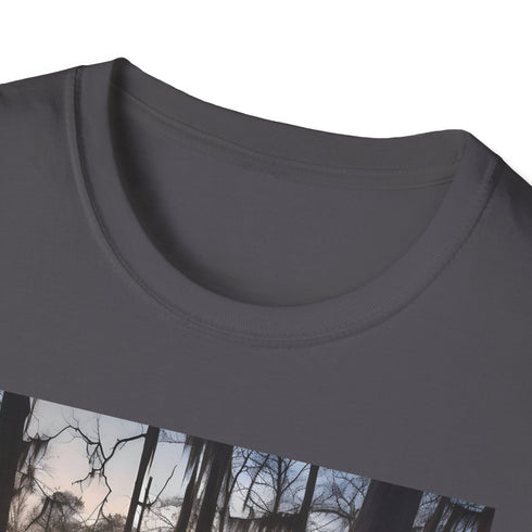 Charcoal cotton T-shirt featuring mystical Southern swamp twilight design