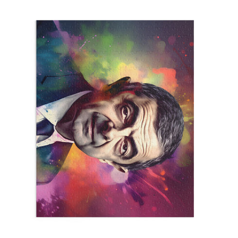 Vibrant neon Rowan Atkinson watercolor puzzle, perfect for artistic puzzlers.