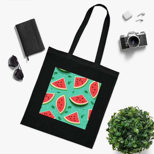 Watermelon Paradise Tote Bag, Black Cotton Hawaiian-inspired Repeating Pattern.