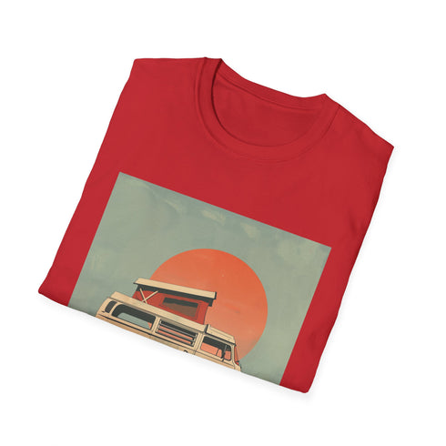 Sunset graphic charcoal t-shirt with retro camper van design