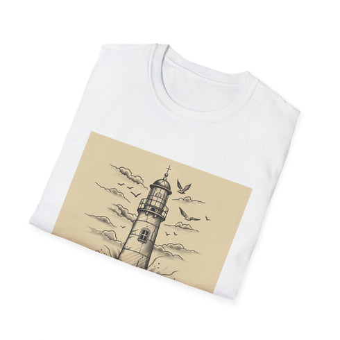 Charcoal crew neck T-shirt with hand-drawn lighthouse illustration standing tall