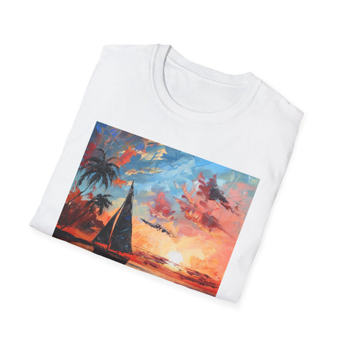 Charcoal crew neck T-shirt with vibrant Boracay sunset illustration