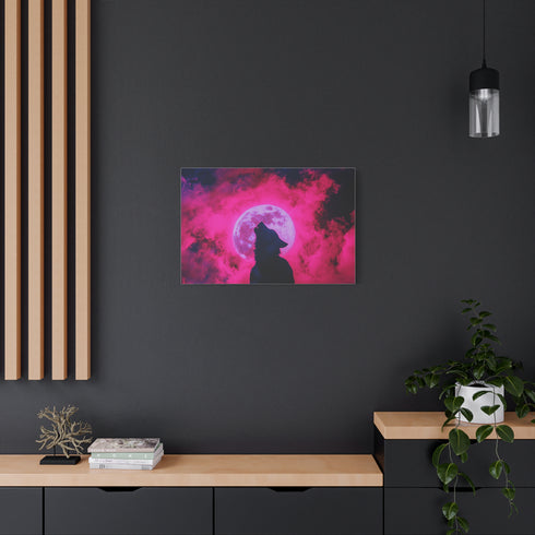 Silhouette of a Wolf Howling at a Neon Moon — Canvas Wall Art — Product Detail View 8