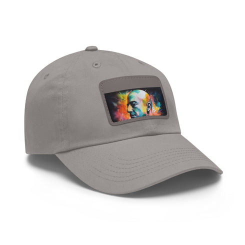 Neon watercolor Jeff Bezos cap in white with light brown patch.