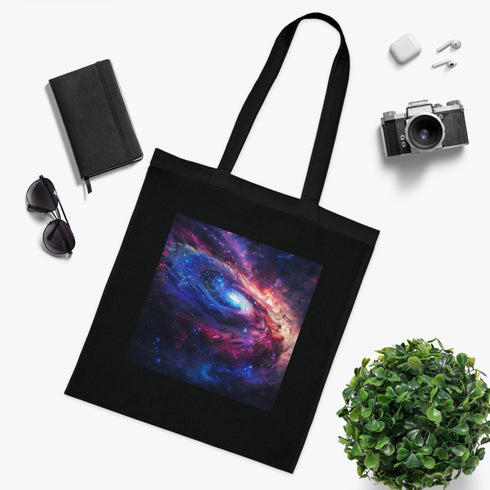 Cosmic Glow Tote Bag in Black Cotton with Neon Galaxy Design