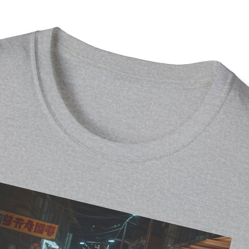 Charcoal cotton T-shirt with vibrant Asian night market lantern design