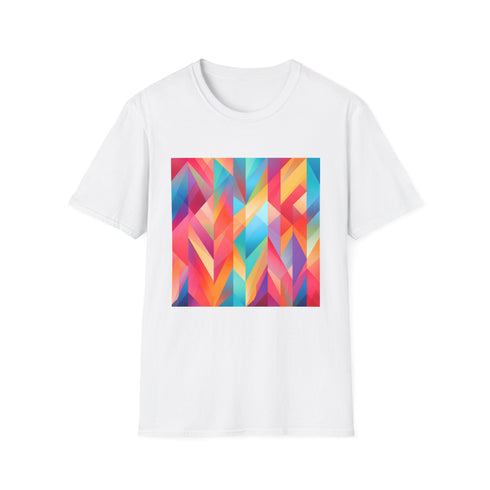 Abstract charcoal t-shirt with vibrant summer-inspired geometric patterns