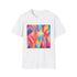 Abstract charcoal t-shirt with vibrant summer-inspired geometric patterns