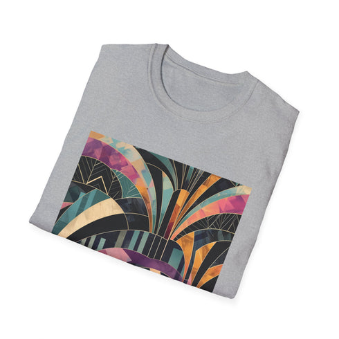 Charcoal abstract art deco patterned cotton t-shirt with crew neck design