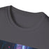 Cyberpunk charcoal T-shirt with neon cityscape graphic in soft cotton fabric