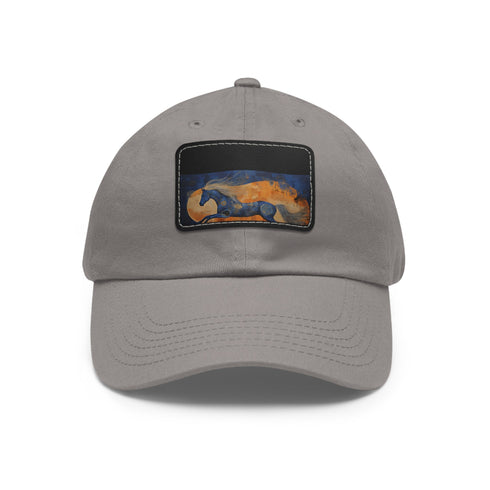 Abstract horse silhouette white baseball cap with brown patch.