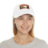 Melbourne tram-themed white baseball cap with light brown patch.