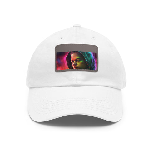Neon watercolor baseball cap with light brown patch in rectangle shape.