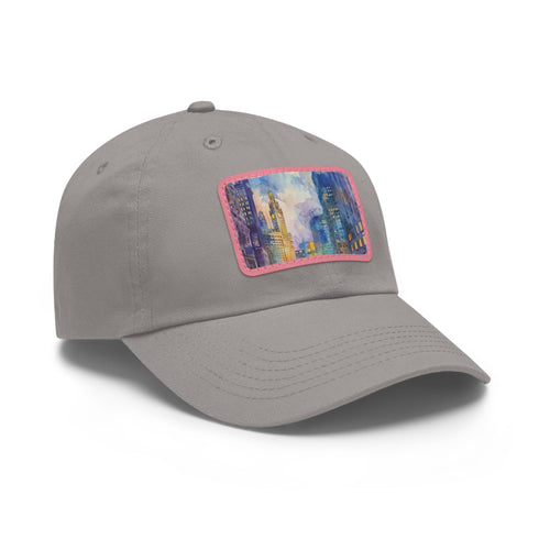 Chicago skyline watercolor cap in white with light brown rectangle patch.
