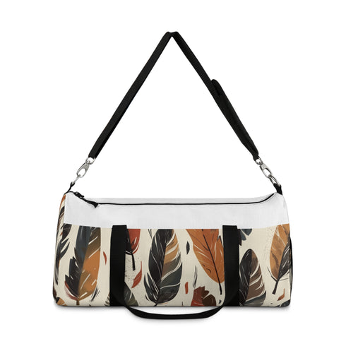 Boho feather duffel bag with all-over print for weekend getaways.