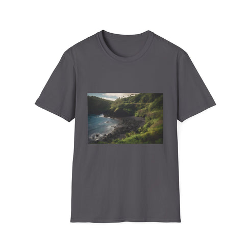 Charcoal crew neck T-shirt with vibrant Maui nature-themed print