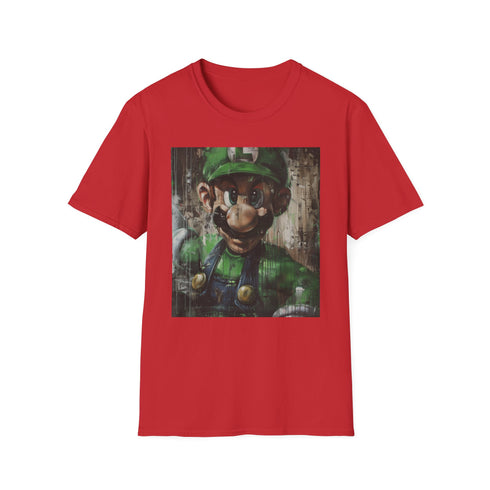 Charcoal cotton crew neck T-shirt with vibrant Luigi painting design