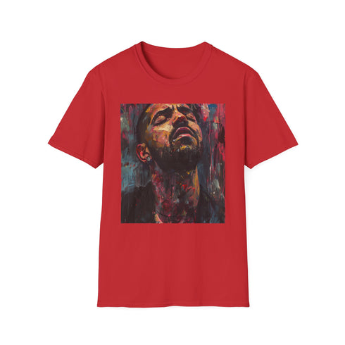 Charcoal cotton crew neck T-shirt featuring vibrant poetic Drake portrait design