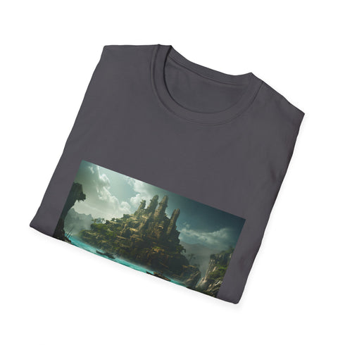 Textured charcoal T-shirt with Atlantis-inspired vibrant imagery and crew neck design