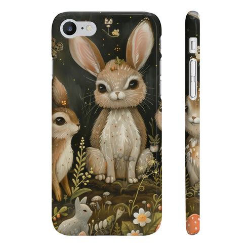 Whimsical woodland phone case with forest creatures on glossy surface.