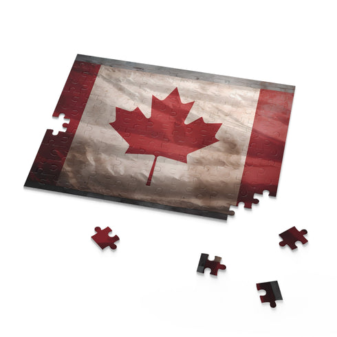 Canadian flag jigsaw puzzle with iconic red and white maple leaf.