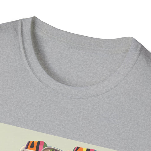 Retro roller skate T-shirt in charcoal with colorful stripes design.