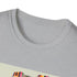 Retro roller skate T-shirt in charcoal with colorful stripes design.