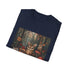 Charcoal crew neck t-shirt with woodland creatures vibrant forest design