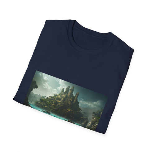 Charcoal cotton T-shirt featuring vibrant Atlantis cityscape evokes mystery and adventure