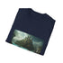 Charcoal cotton T-shirt featuring vibrant Atlantis cityscape evokes mystery and adventure