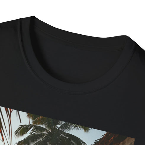 Vibrant charcoal T-shirt capturing Zanzibar's market essence; perfect for summer.