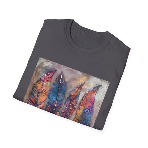 Charcoal cotton t-shirt featuring vibrant bohemian feather pattern for summer adventures