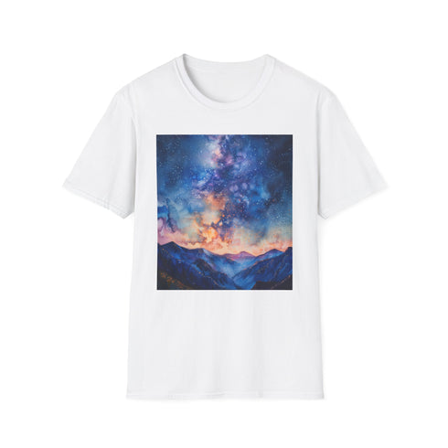 Charcoal cotton crew neck t-shirt with vibrant Milky Ways cosmic pattern