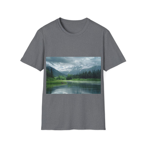 Alaska Adventure Landscapes Tee in Charcoal, Size S, Mountain Lake Print.