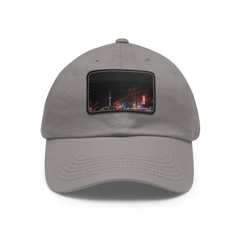 Berlin Night Skyline Cap in White with Light Brown Rectangle patch.