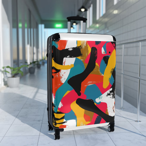 Abstract bright colorful geometric suitcase set for stylish travel.
