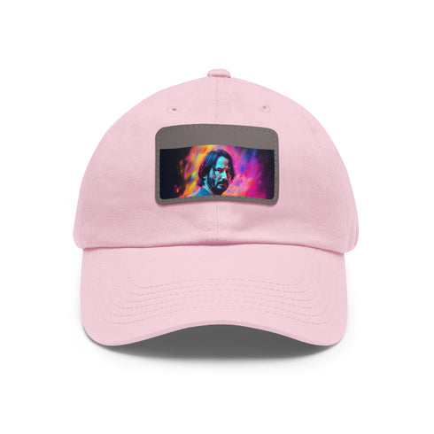 Neon Keanu Reeves watercolor baseball cap, white with light brown patch.