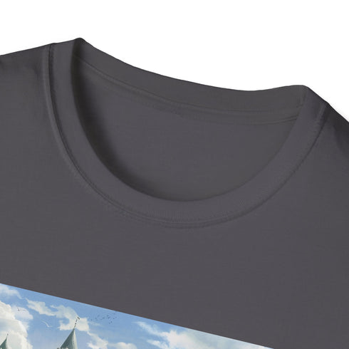 Mystical fantasy castle t-shirt in charcoal, S size for men and women.