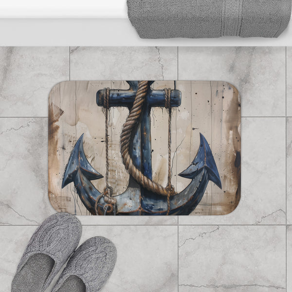 Nautical anchor bath mat with coastal charm for bathroom decor.